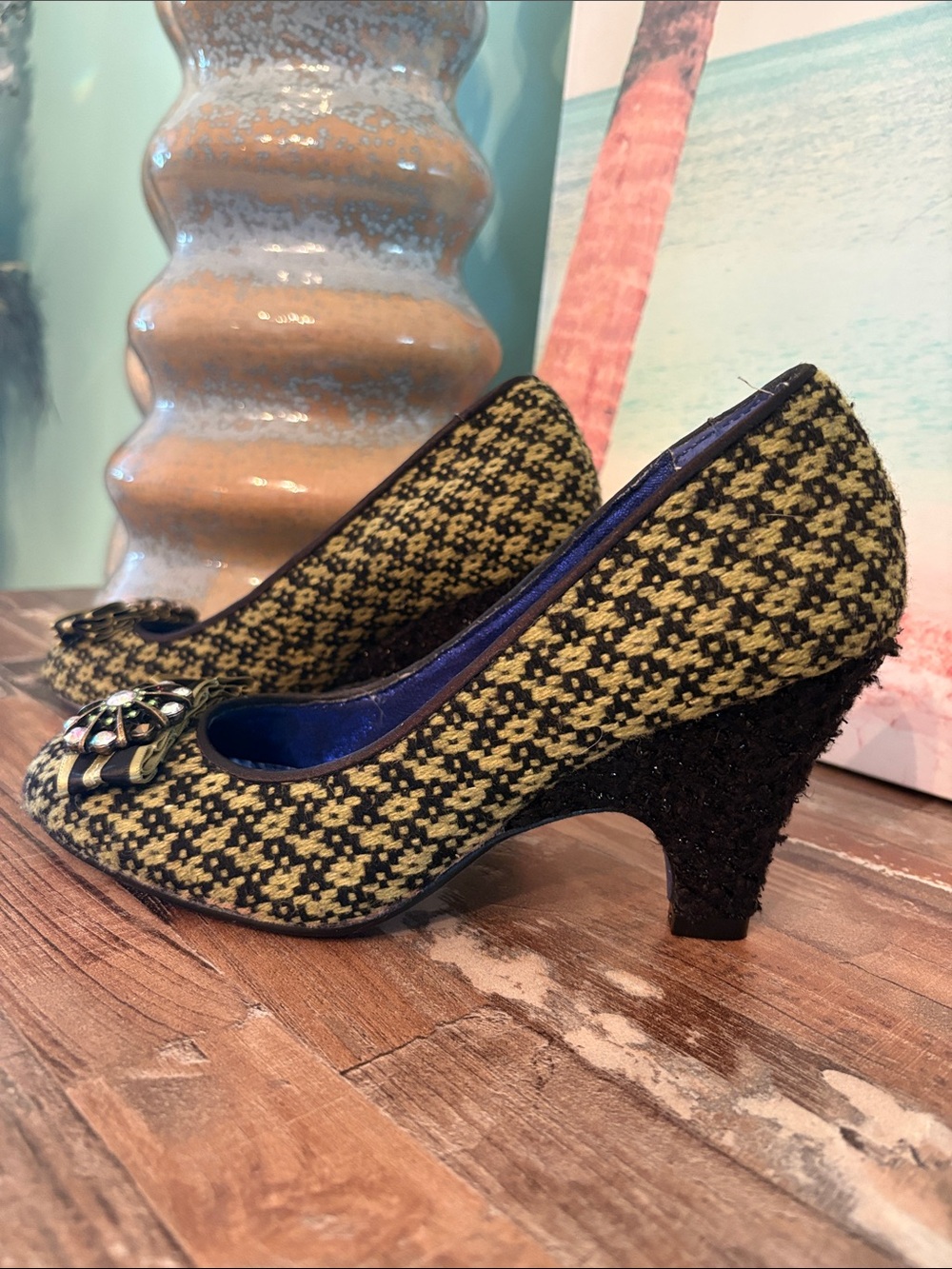 Poetic License Yellow-Green Patterned Mid Heel Pumps with Decorative Buckle - Picture 11 of 11